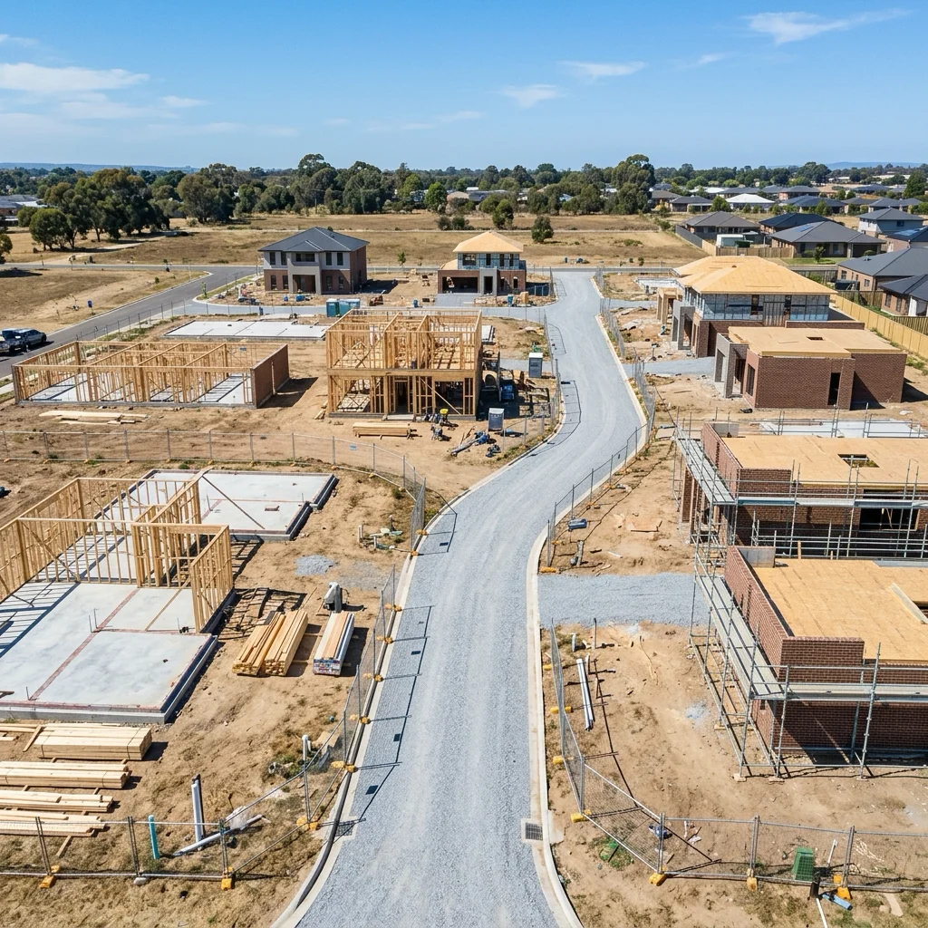 Photorealistic premium architectural photo of a residential suburb under construction, showing partially completed modern houses with scaffolding and timber framing, under clear daylight, with no people present