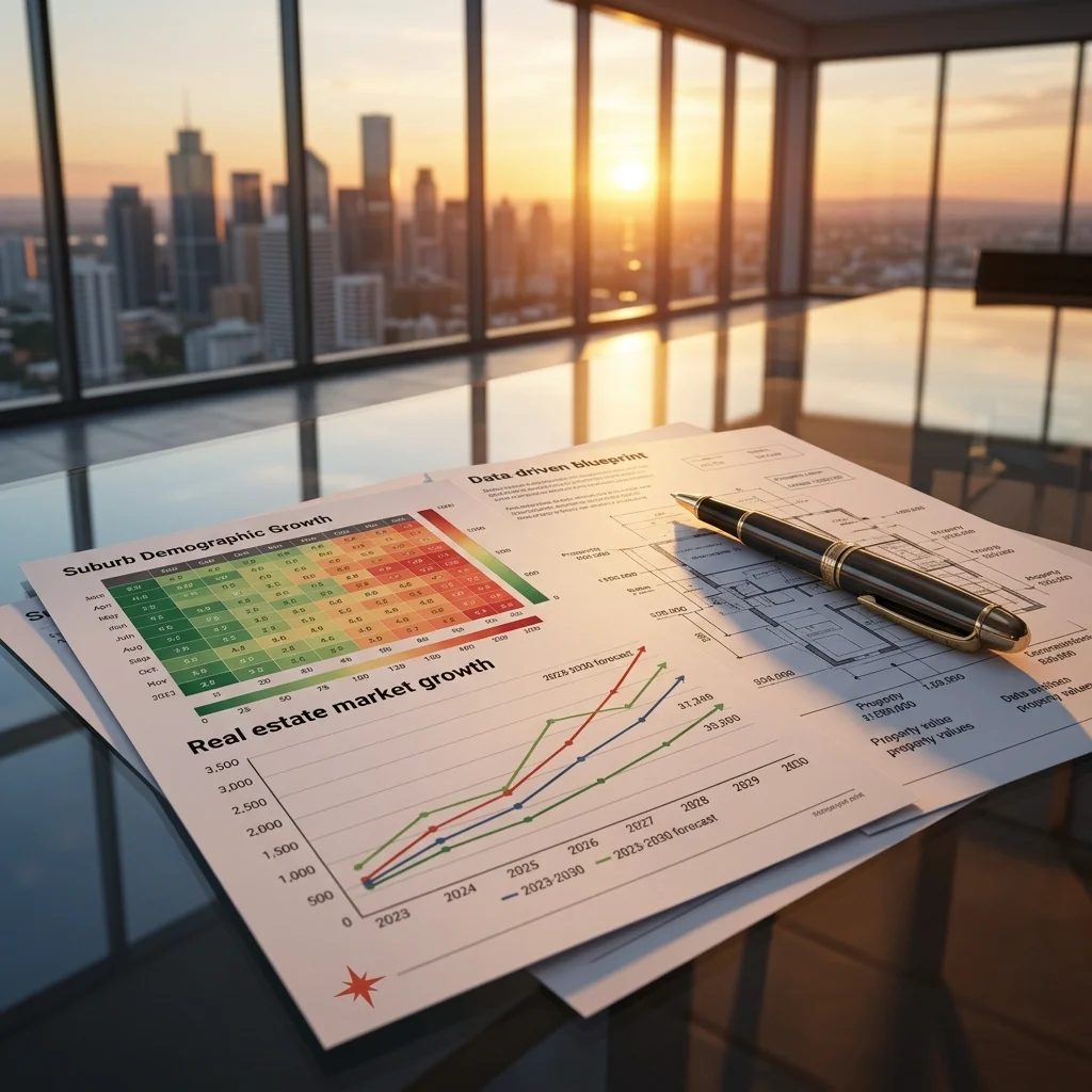 Photorealistic editorial blueprint of a property investment strategy, showing demographic heatmaps and growth charts on a modern glass boardroom table under warm sunset light, with no people present